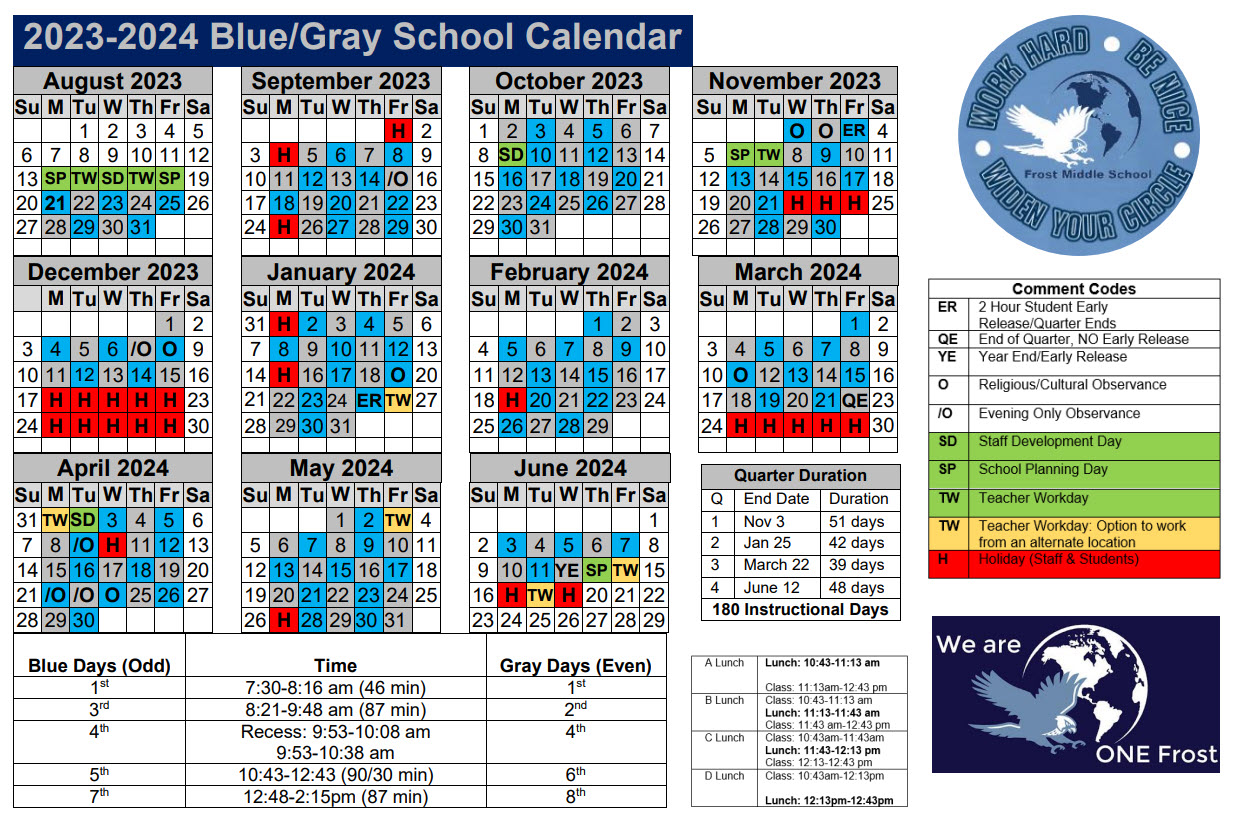 23-24 Frost Middle School Blue and Gray Day Calendar